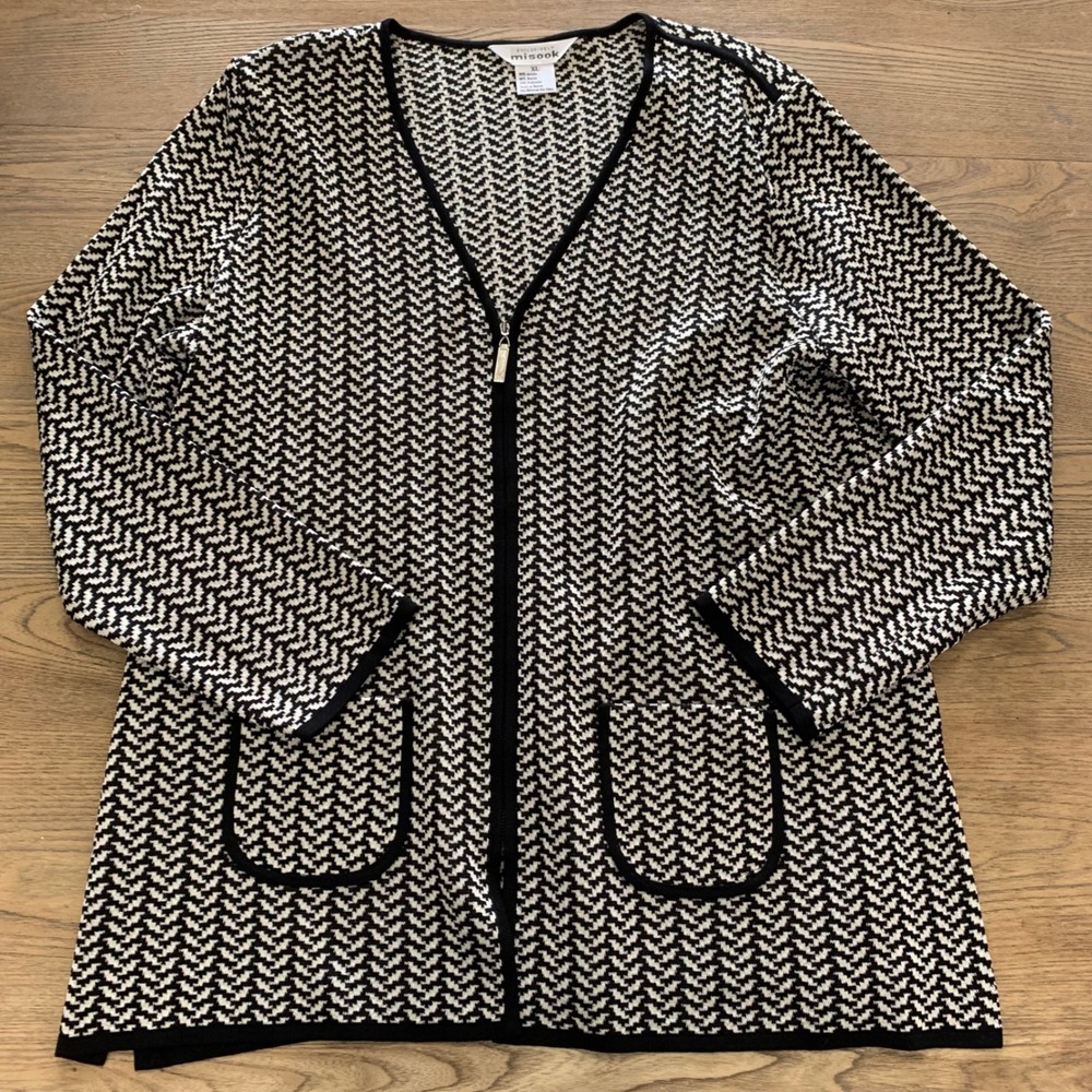 Misook Womens XL Black White Houndstooth Zip Front Knit Cardigan Jacket Pockets